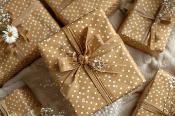 photo birthday presents with recycled brown wrapping paper with polka dots and floral patterns in...