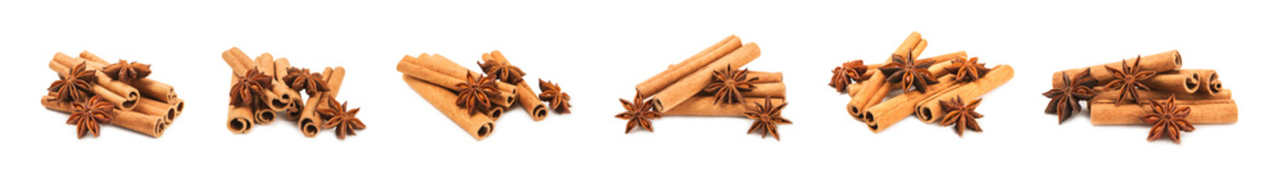 Cinnamon sticks and anise isolated on white background. Cinnamon roll and star anise. Spicy spice...