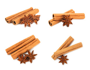 Cinnamon sticks and anise isolated on white background. Cinnamon roll and star anise. Spicy spice for baking, desserts and drinks. Fragrant ground cinnamon.