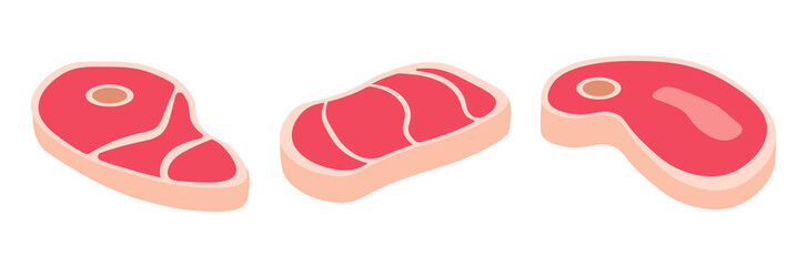 Cartoon meat products. Chicken, sausages and sausages. Set of vector steaks, pork bacon and ribs. Chicken, sausage and bacon steak, product ingredient illustration
