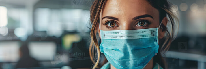 Fototapeta na wymiar Businesswoman wearing protective face mask, Young businesswoman wearing protective face mask while working at her office desk 