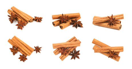 Cinnamon sticks and anise isolated on white background. Cinnamon roll and star anise. Spicy spice for baking, desserts and drinks. Fragrant ground cinnamon.