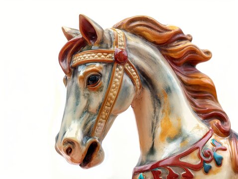 Close-up of a colorful, glazed ceramic carousel horse head with intricate details, isolated on a white background.