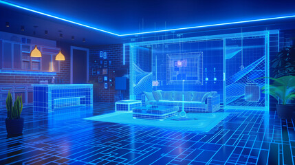 Modern Living Room With Neon Lights, holographic wireframe digital visualization