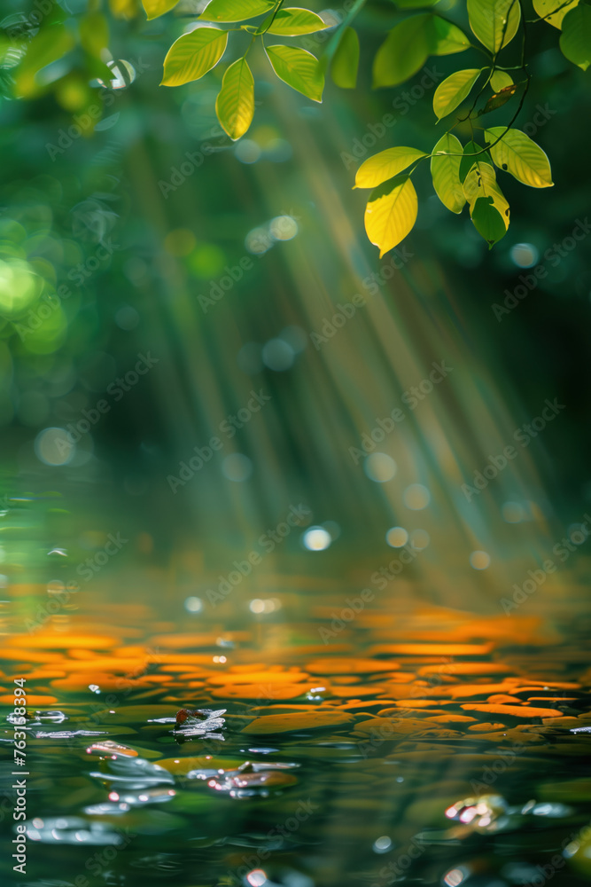 Poster sun light rays on a forest river. background image. created with generative ai technology.