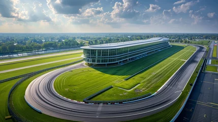 Poster Aerial view of modern race track stadium surrounded by green lawns. Concept of motorsport, tournament © master1305