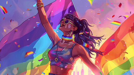 Queer celebrant joyfully participating in a Pride parade - obrazy, fototapety, plakaty