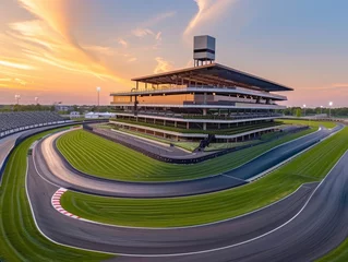 Fotobehang Aerial view of modern race track stadium with service tracking building in center surrounded by green lawns. Concept of motorsport, tournament © master1305