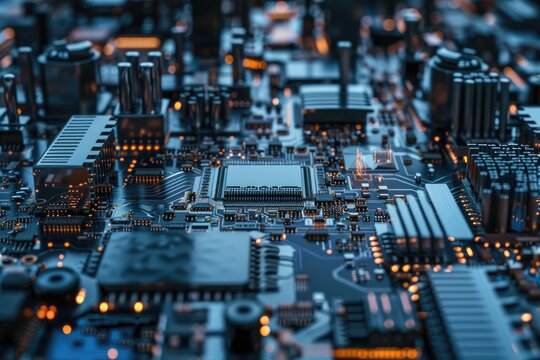 This close-up view showcases the intricate circuitry and components of a computer motherboard, including slots for RAM, CPU socket, capacitors, and connectors.