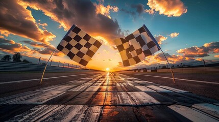 Two large checkered flags, icons of motor sport on empty racetrack during sunrise. Concept of motorsport, tournament - obrazy, fototapety, plakaty