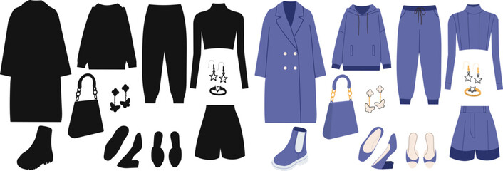 set of purple women's clothing on a white background, vector