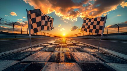 Two large checkered flags, icons of motor sport on empty racetrack during sunrise. Concept of motorsport, tournament - 763158907