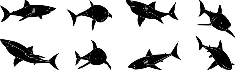 shark set silhouette on white background, vector