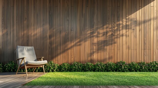 Minimal style wooden terrace with green lawn 3d render,There are empty wood plank wall,decorate with modern gray chair 