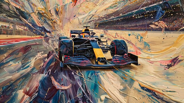 Winning race. Multicolored illustration with racing car in dynamics paint splatter and speed lines. Concept of motorsport, tournament