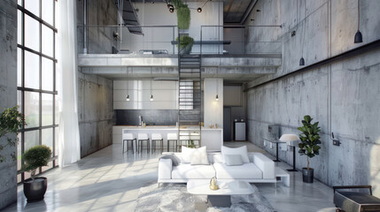 Interior de un duplex con diseño moderno de sala de estar en casa. Fotografía de estudio de un apartamento con sofá blanco frente a una pared de concreto.