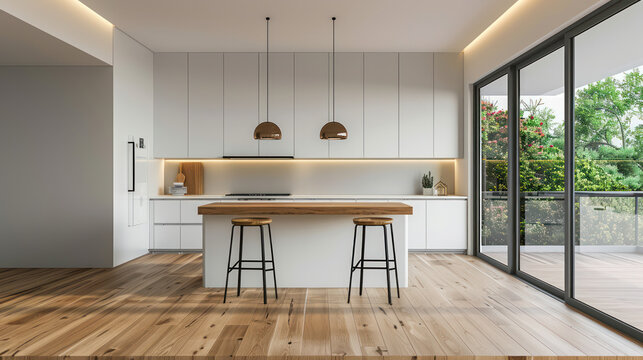 Interior de cocina en una hermosa casa nueva de lujo con isla de cocina y suelo de madera, estilo moderno minimalista y luminoso, con espacio para texto.