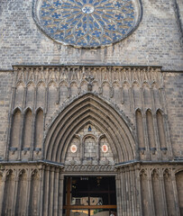 Portal of Santa Maria del Pi church in Gothic Quarter in Barcelona city, Spain