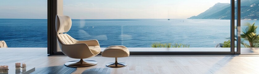 Modern lounge chair by a large window overlooking the sea