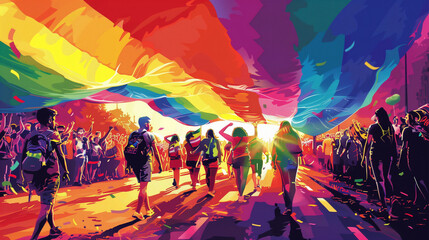 People celebrating under a large rainbow flag at a pride parade.