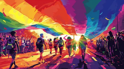 Foto op Plexiglas People celebrating under a large rainbow flag at a pride parade. © tiagozr