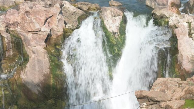 Jabalpur , India -9 February 2024 Top angle Beautiful natural view of Narmada River Dhuandhar Falls in Bhedaghat at Jabalpur Madhya Pradesh india
