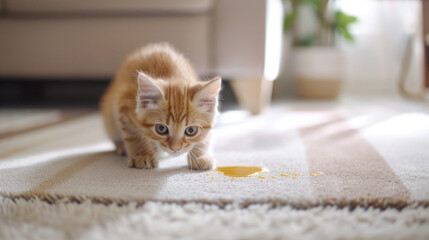 The kitten got the carpet wet. A stain on the floor.