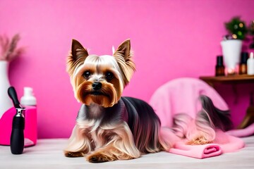 Yorkshire terrier dog after a haircut sits on a table on pink background