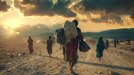 Artistic representation of refugees walking towards sunset by tents in a camp.