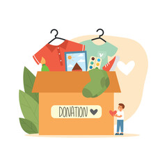 Clothing donation concept. Volunteer litle boy with heart in arms near donation box with clothes. Flat Vector illustration