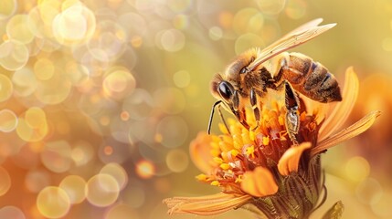 Honeybee on a flower with a warm golden bokeh background