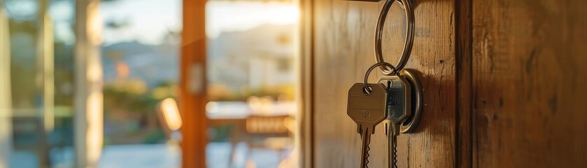 Keys hanging in a door lock with home interior in the background