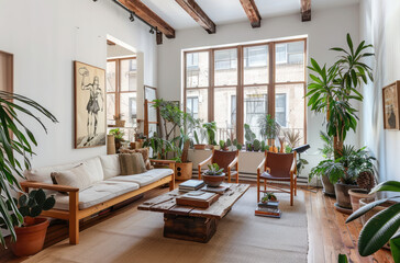 A modern living room with wooden furniture, large windows and plants