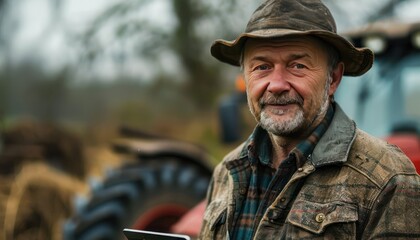 Happy mature farmer working tablets with blurred background - obrazy, fototapety, plakaty