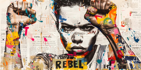 Graffiti, collage of grunge newspapers and multicolored painting, illustration of an young man with a fighting spirit, raising fists as a rebel, urban graphic artwork, street art, mixed media