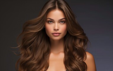 Naklejka premium Portrait of a beautiful girl with shiny brown and straight long hair. Cute wavy hair woman, Hair treatment, care and spa procedures with copy space