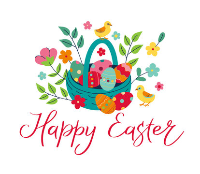 Easter eggs in wicker basket with spring branches and chicks. Happy Easter concept vector illustration.