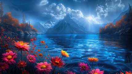 An enchanting landscape at dusk where fantasy and nature merge into a serene yet vibrant tableau - AI Generated Digital Art - obrazy, fototapety, plakaty