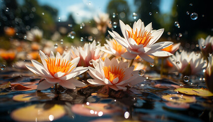 Beautiful lotus flower floating on calm pond, reflecting sunset colors 