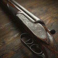 A classic double-barreled shotgun on a wooden background - obrazy, fototapety, plakaty