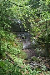 Beautiful natural landscape. The waterfall flows down a rock covered with moss