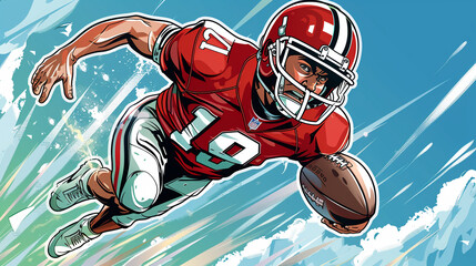 A cartoon illustration depicts an American football player in action. - obrazy, fototapety, plakaty