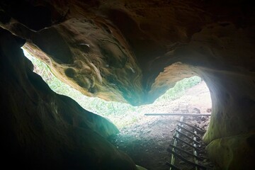 Beautiful natural landscape. Stairs inside the cave