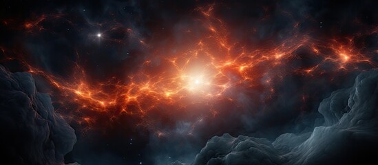 An artists depiction of a distant galaxy with swirling clouds of gas and dust, set against a backdrop of a mysterious sky and celestial objects - obrazy, fototapety, plakaty