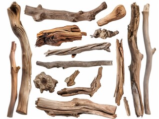 A collection of various shaped and sized driftwood pieces isolated on a white background, suitable for crafts and decoration.