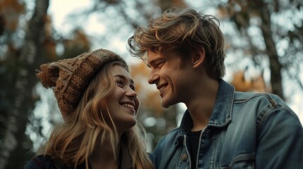 Portrait of happy young couple looking at each other and smiling outdoor