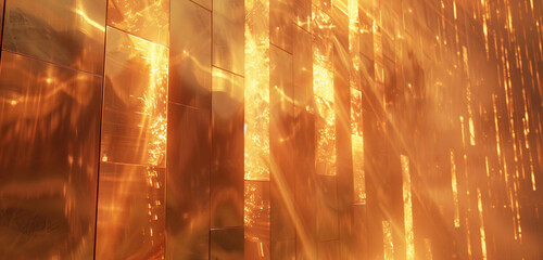 The wall, bathed in ethereal light, showcases golden flames, creating warmth in brilliance.