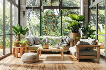 Fototapeta na wymiar A modern living room with wooden furniture, large windows and plants