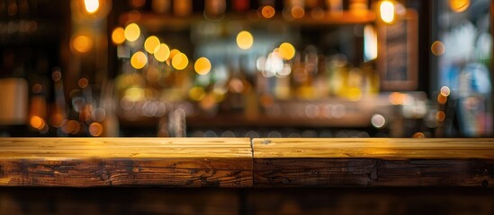 A wooden table blending with the blurred background of a city bar at night, illuminated by automotive lighting. The scene combines elements of wood, metal, asphalt, and entertainment - obrazy, fototapety, plakaty