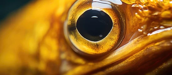 Fotobehang A closeup macro photograph of a fishs eye with a dark pupil, showcasing the intricate details of the circular shape, eyelashes, and metallic sheen in the iris © 2rogan